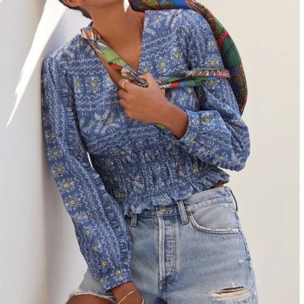 Anthropologie 100% Cotton Boho Blue Smocked Waist Peasant Top Medium
